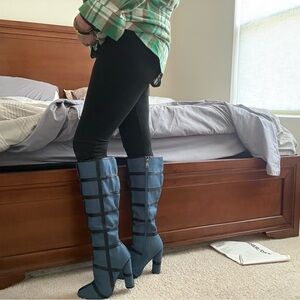 Aura Denim and Black Striped Heeled Boots block . Super sexy